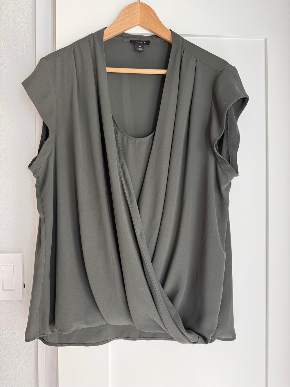 Halogen Olive Green Draped Faux Wrap Cap-Sleeve Blouse Size XL